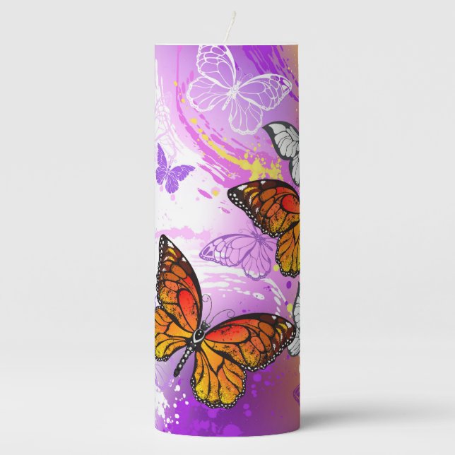Monarch Butterflies on Purple Background Pillar Candle (Front)