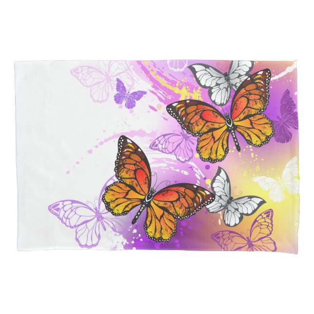 Monarch Butterflies on Purple Background Pillow Case (Front-Left)