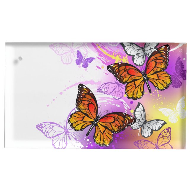 Monarch Butterflies on Purple Background Place Card Holder (Front)