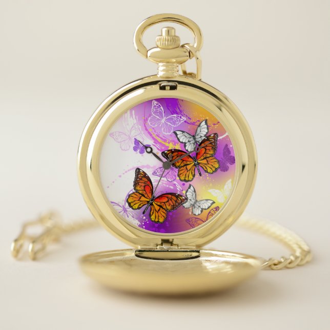 Monarch Butterflies on Purple Background Pocket Watch (Inside)