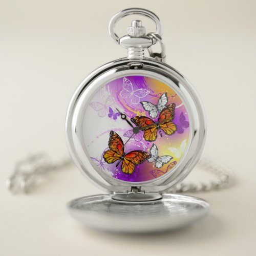 Monarch Butterflies on Purple Background Pocket Watch