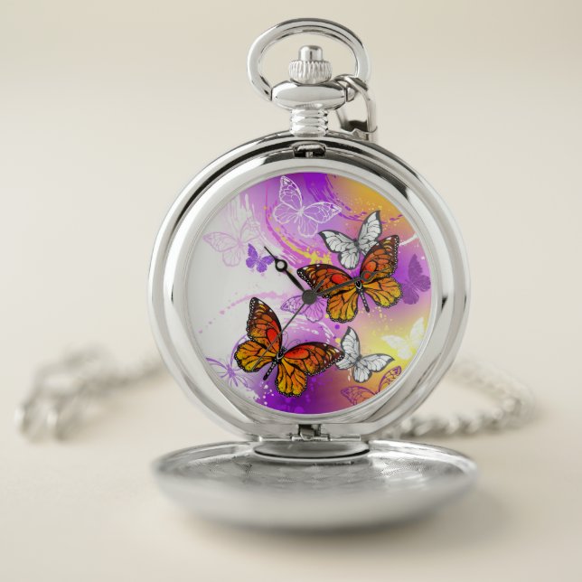 Monarch Butterflies on Purple Background Pocket Watch (Inside)