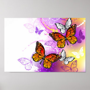 Monarch Butterflies on Purple Background Poster