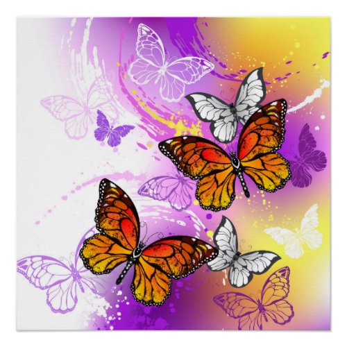 Monarch Butterflies on Purple Background Poster