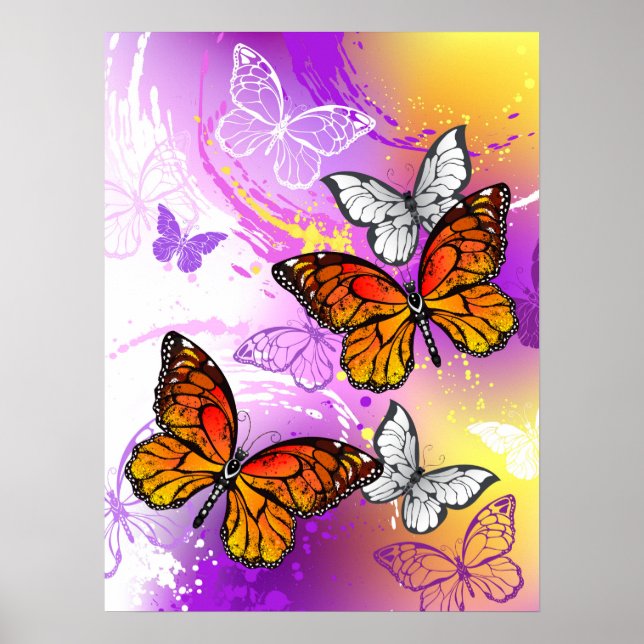 Monarch Butterflies on Purple Background Poster (Front)
