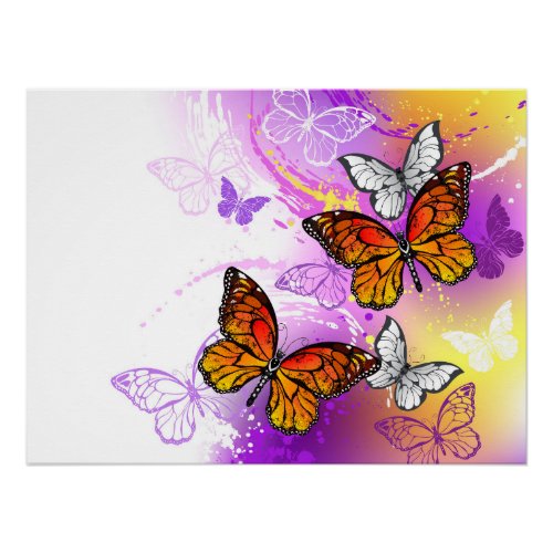 Monarch Butterflies on Purple Background Poster