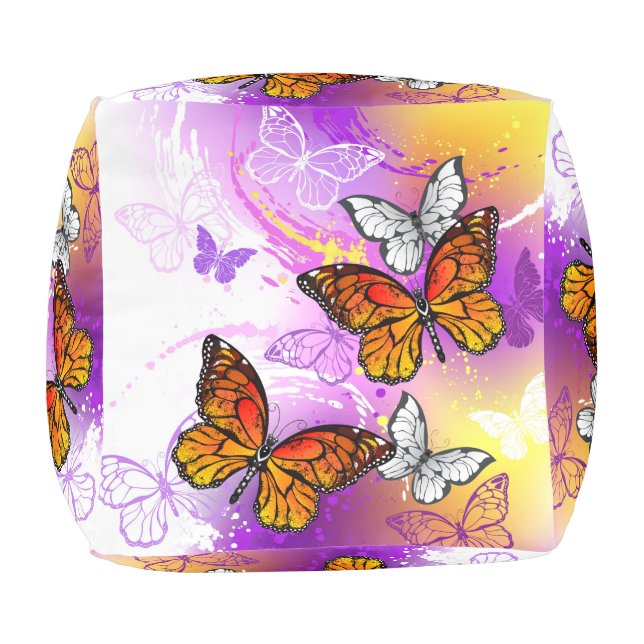 Monarch Butterflies on Purple Background Pouf (Bottom)