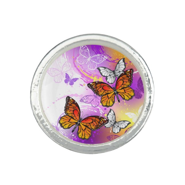 Monarch Butterflies on Purple Background Ring (Front)