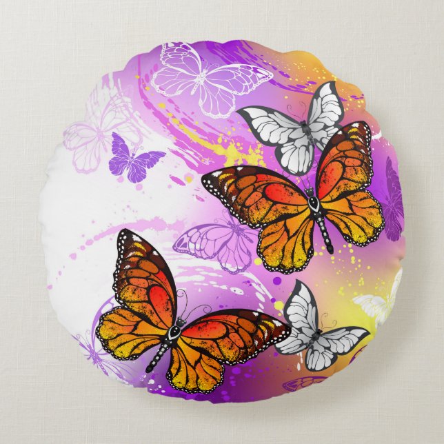 Monarch Butterflies on Purple Background Round Pillow (Front)