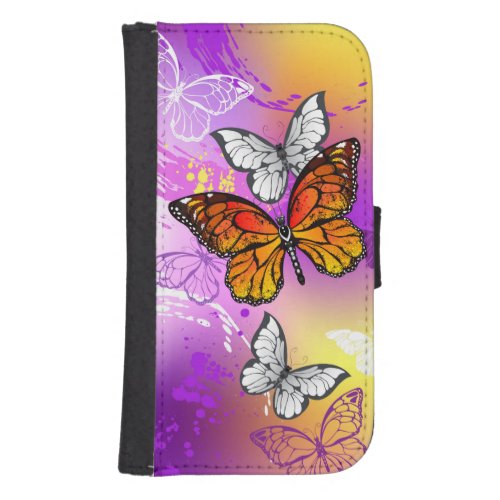 Monarch Butterflies on Purple Background Galaxy S4 Wallet Case