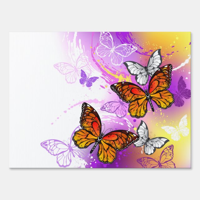 Monarch Butterflies on Purple Background Sign (Front)