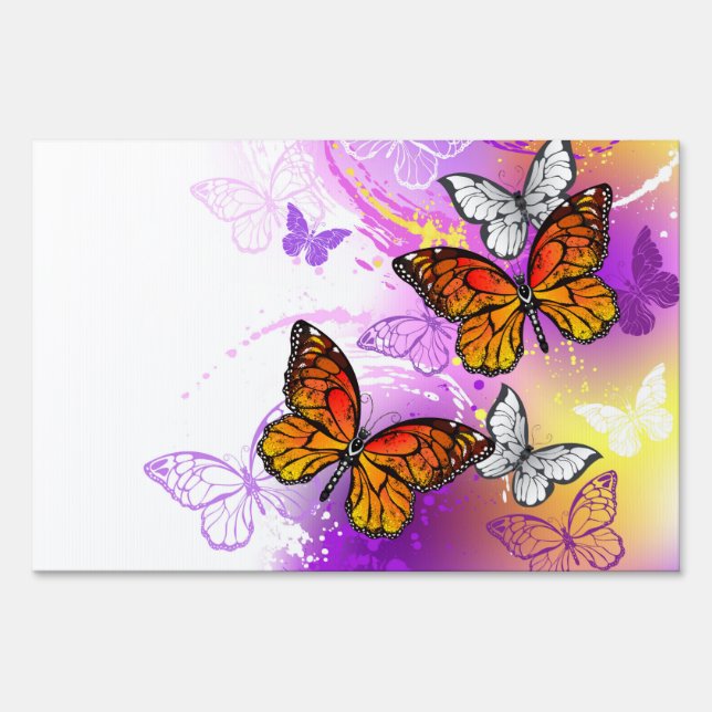 Monarch Butterflies on Purple Background Sign (Front)