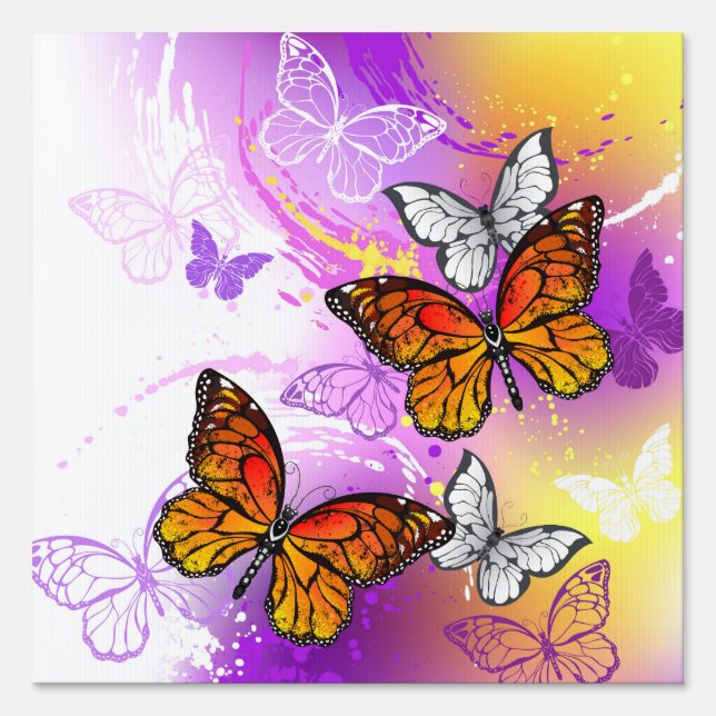 Monarch Butterflies on Purple Background Sign (Front)