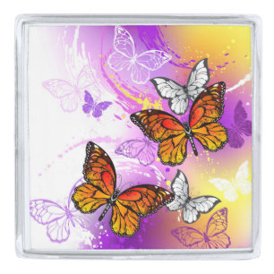 Monarch Butterflies on Purple Background Silver Finish Lapel Pin