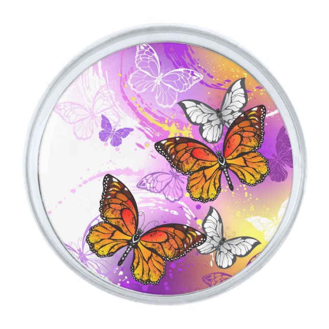 Monarch Butterflies on Purple Background Silver Finish Lapel Pin (Front)