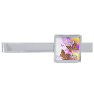 Monarch Butterflies on Purple Background Silver Finish Tie Bar