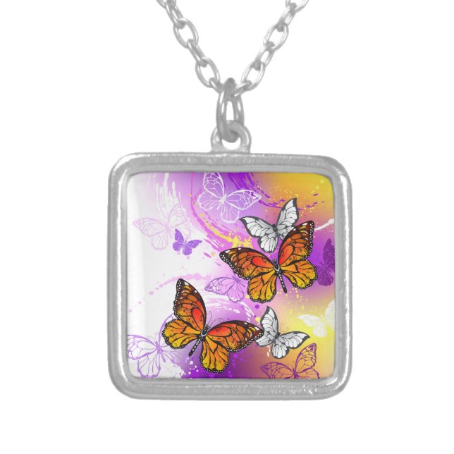 Monarch Butterflies on Purple Background Silver Plated Necklace (Front)