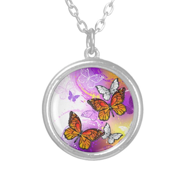 Monarch Butterflies on Purple Background Silver Plated Necklace (Front)