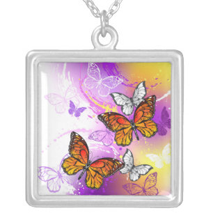 Monarch Butterflies on Purple Background Silver Plated Necklace