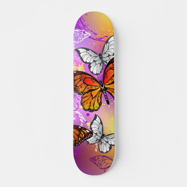 Monarch Butterflies on Purple Background Skateboard (Front)