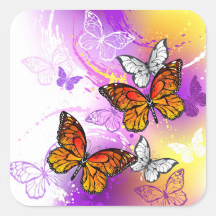 Monarch Butterflies on Purple Background Square Sticker