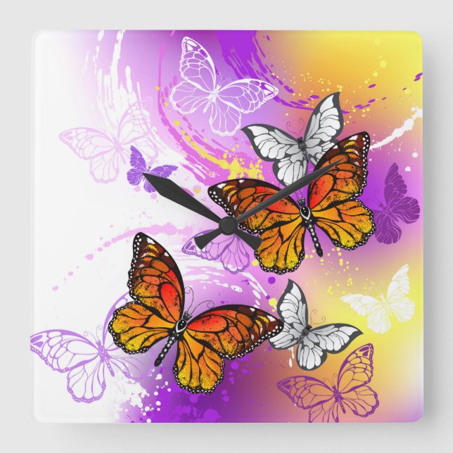 Monarch Butterflies on Purple Background Square Wall Clock (Front)