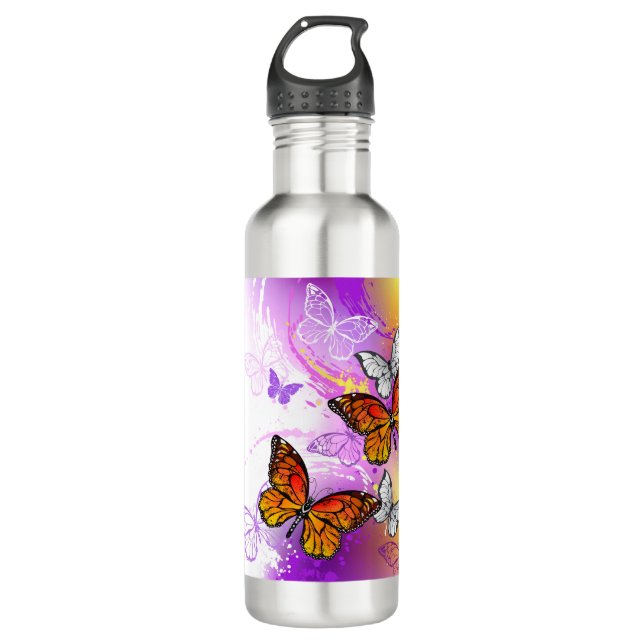 Monarch Butterflies on Purple Background Stainless Steel Water Bottle (Front)