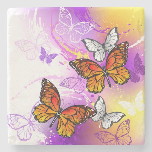 Monarch Butterflies on Purple Background Stone Coaster