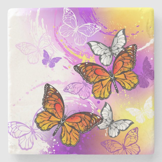 Monarch Butterflies on Purple Background Stone Coaster (Front)