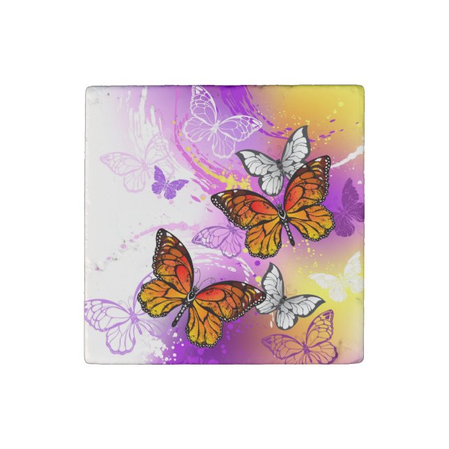 Monarch Butterflies on Purple Background Stone Magnet (Front)