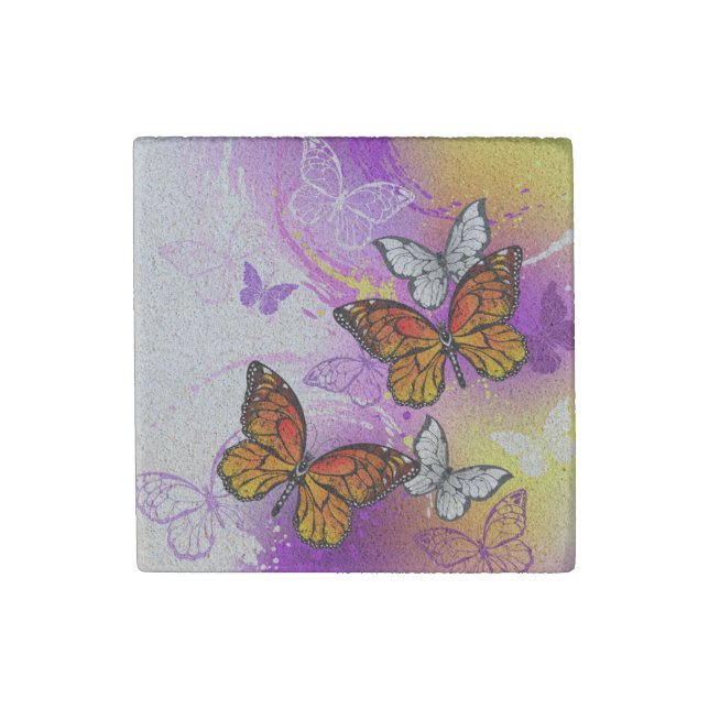 Monarch Butterflies on Purple Background Stone Magnet (Front)