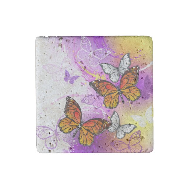 Monarch Butterflies on Purple Background Stone Magnet (Front)