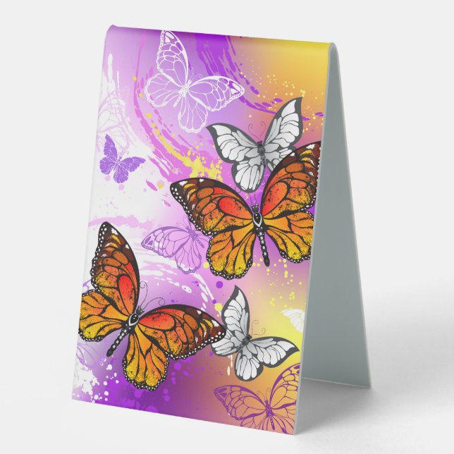 Monarch Butterflies on Purple Background Table Tent (Front)