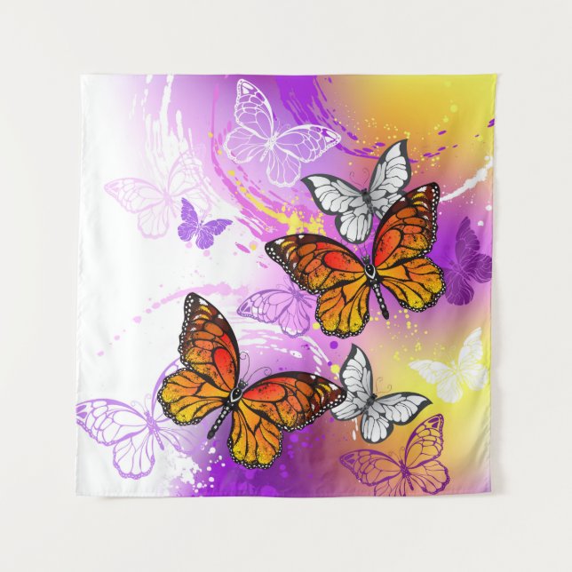Monarch Butterflies on Purple Background Tapestry (Front)