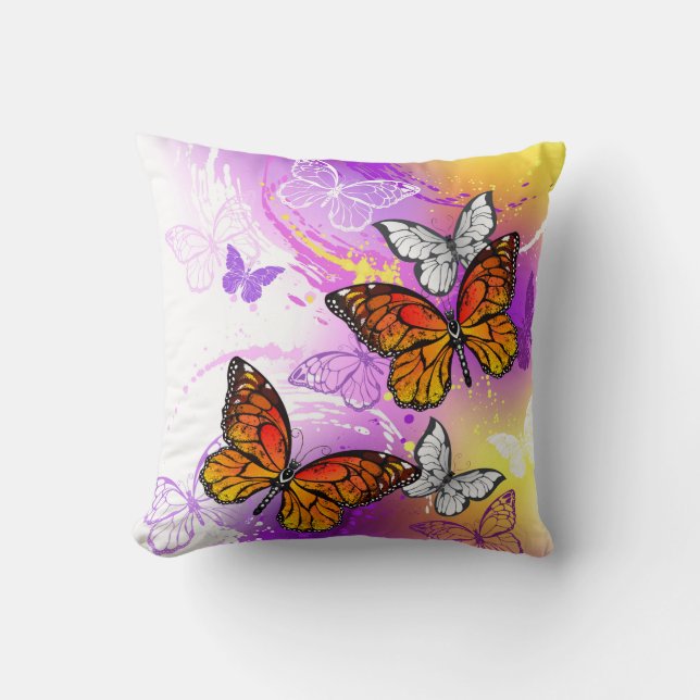Monarch Butterflies on Purple Background Throw Pillow (Front)
