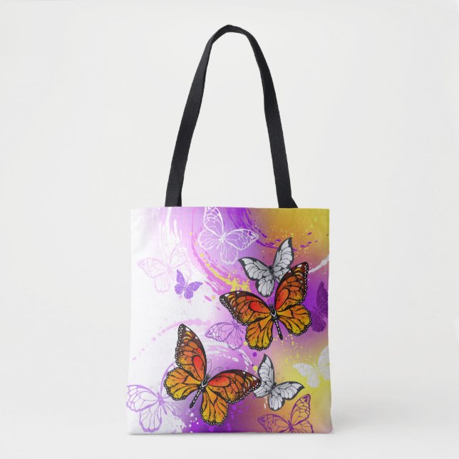 Monarch Butterflies on Purple Background Tote Bag (Front)