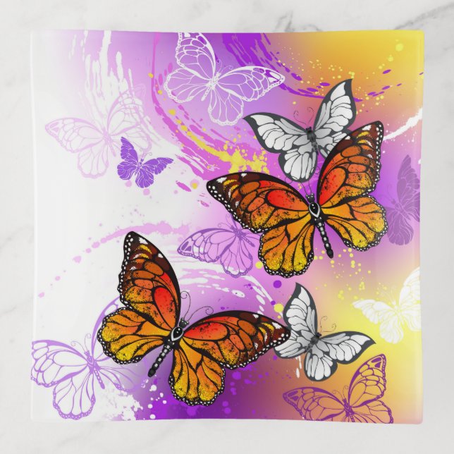Monarch Butterflies on Purple Background Trinket Tray (Front)
