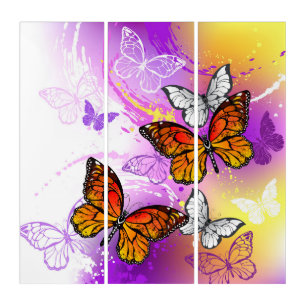 Monarch Butterflies on Purple Background Triptych