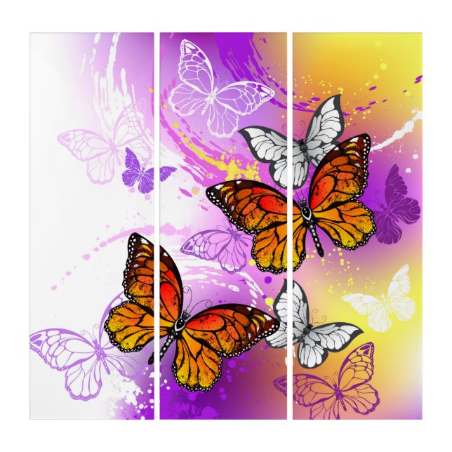 Monarch Butterflies on Purple Background Triptych (Front)