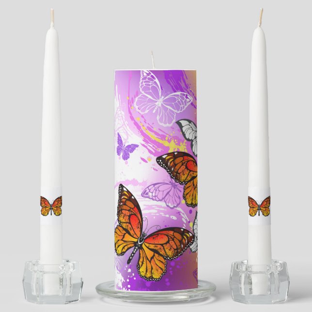 Monarch Butterflies on Purple Background Unity Candle Set (Front)