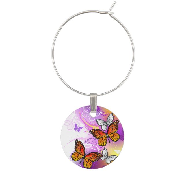Monarch Butterflies on Purple Background Wine Charm (Front)
