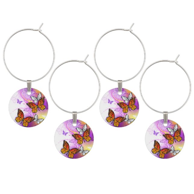 Monarch Butterflies on Purple Background Wine Charm (Staggered)
