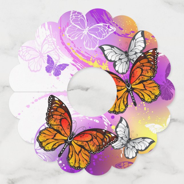 Monarch Butterflies on Purple Background Wine Glass Tag (Front)