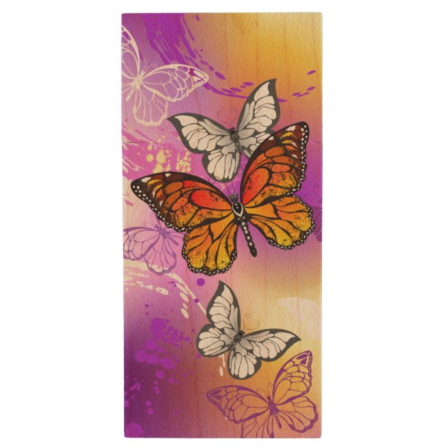 Monarch Butterflies on Purple Background Wood Flash Drive (Front Vertical)