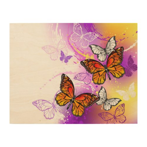 Monarch Butterflies on Purple Background Wood Wall Art