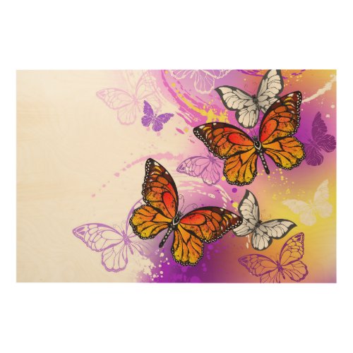 Monarch Butterflies on Purple Background Wood Wall Art