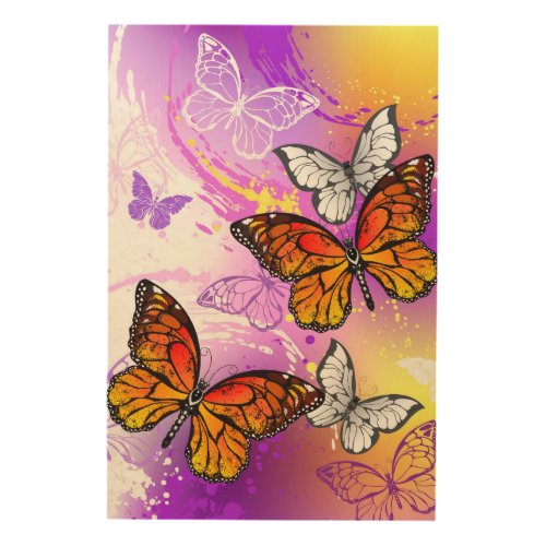 Monarch Butterflies on Purple Background Wood Wall Art