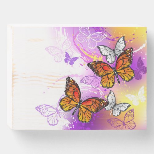 Monarch Butterflies on Purple Background Wooden Box Sign