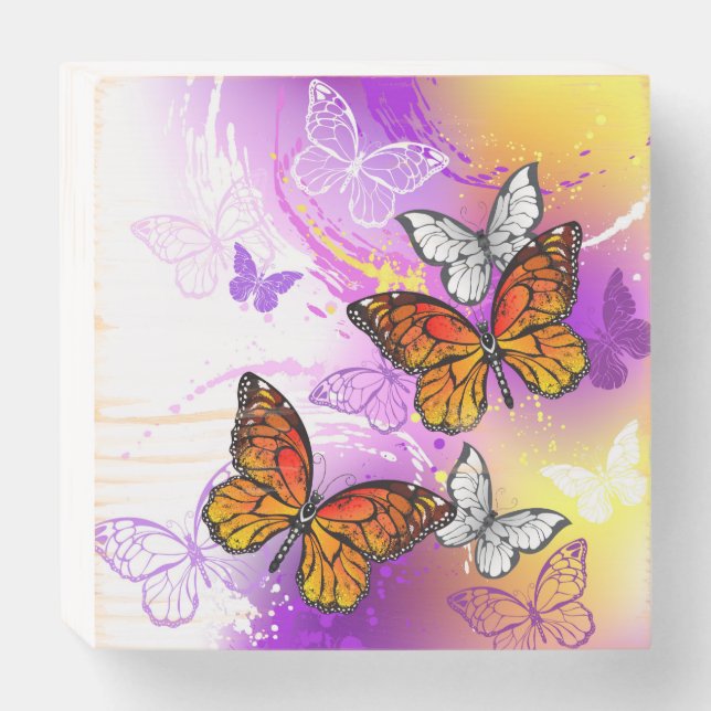 Monarch Butterflies on Purple Background Wooden Box Sign (Front Horizontal)