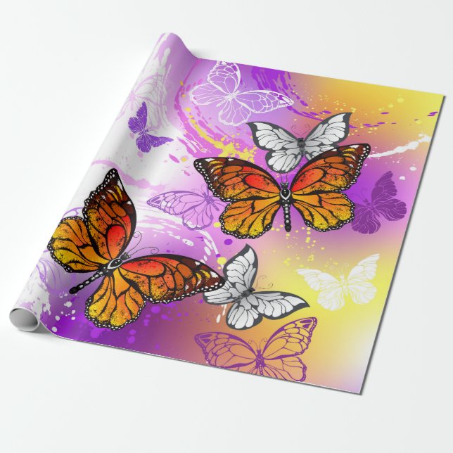 Monarch Butterflies on Purple Background Wrapping Paper (Unrolled)